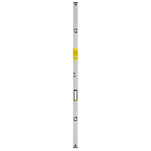 STANLEY FMHT43678-1 spirit level, silver with black and yellow accents, top view on white background.
