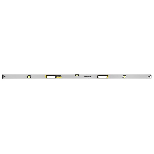 Photo of STANLEY FMHT43680-1 box beam spirit level, silver with black and yellow accents, front view on white background.