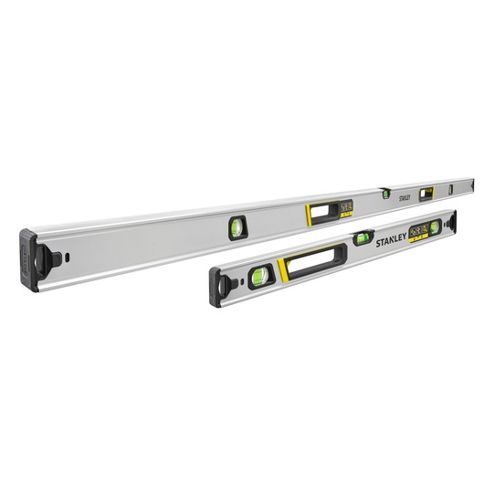 Photo of two STANLEY FMHT43684-1 box beam spirit levels, silver with black and yellow accents, angled on white background.
