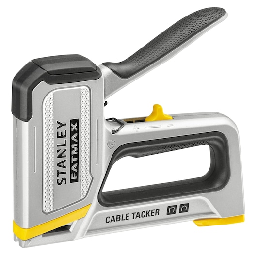 STANLEY FMHT70100-0 cable tacker, silver and black, angled side view on white background.