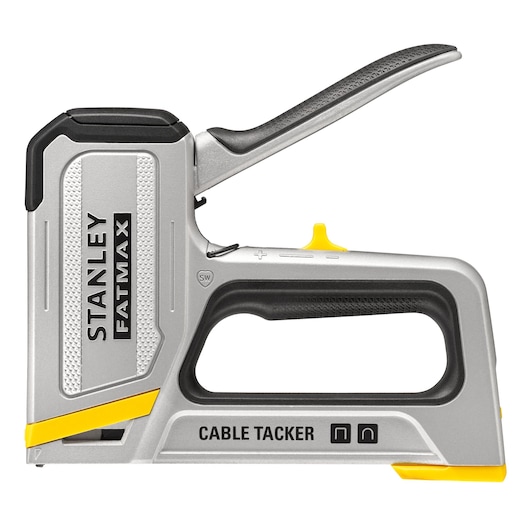 STANLEY FMHT70100-0 cable tacker, silver and black, side angle, ergonomic handle, FATMAX branding.