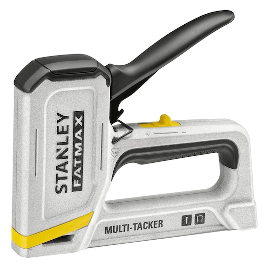 STANLEY FMHT70443-0 manual multi-tacker, silver and black, side angle on white background.