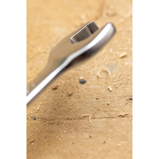 STANLEY FMMT82901-0 open-end wrench close-up on wood surface, showing metal finish.