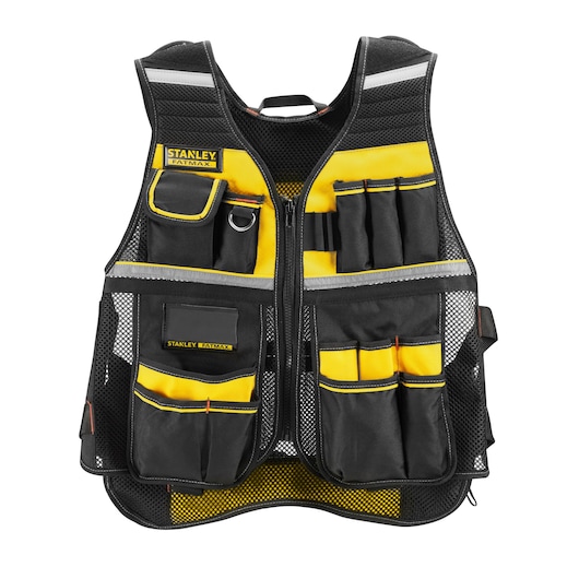STANLEY FMST1-71181 tool vest, black and yellow mesh, front view, multiple pockets and reflective strips.