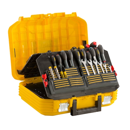 STANLEY FMST1-71943 tool case open with organized hand tools, yellow hard plastic exterior, front angle.