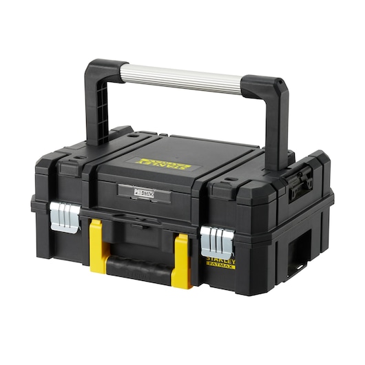 STANLEY FMST1-71967 tool box with large top handle, black with yellow accents, front angle, white background.