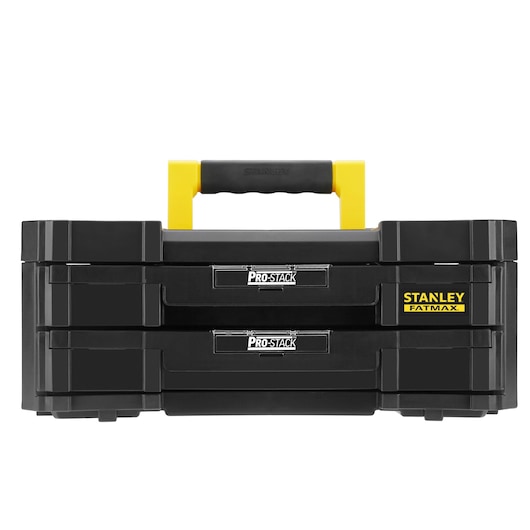 STANLEY FMST1-71969 black Pro-Stack tool box with two drawers, yellow handle, front angle.