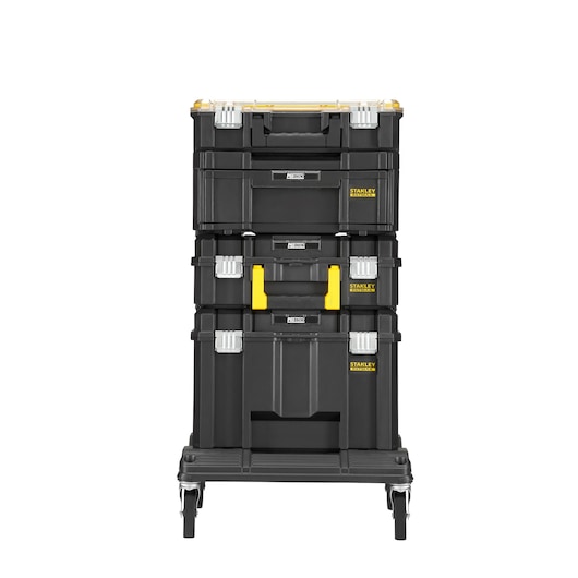 STANLEY FMST1-80107 photography of stackable black toolboxes with yellow highlights, front view on white.