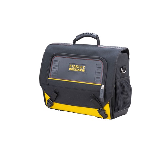 Stanley Fatmax black and yellow tool bag with handle, front pocket, and side mesh pocket.
