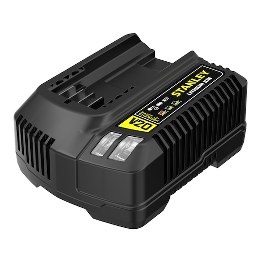 STANLEY SFMCB14 battery charger, black, V20 Lithium-Ion, angled photography on white background.