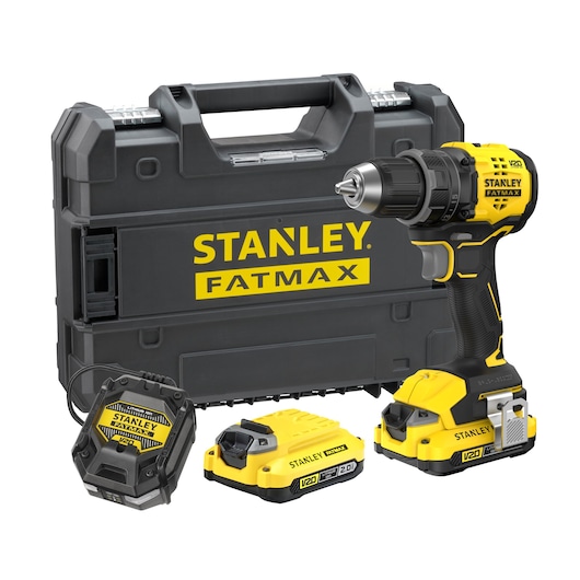 STANLEY SFMCD714D2T cordless drill kit with case, charger, and two yellow batteries, front angle.