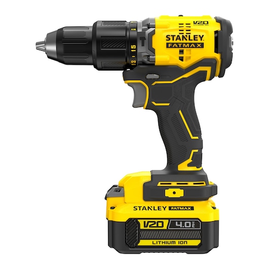 Photo of STANLEY SFMCD715M2K cordless drill, yellow and black, side view, V20 FATMAX Lithium Ion.