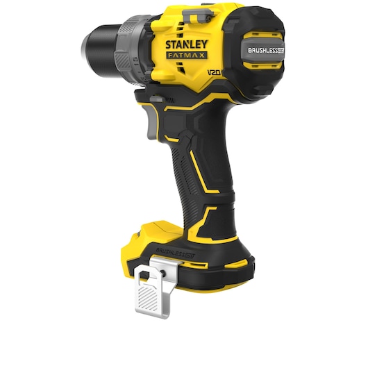 STANLEY SFMCD725B cordless brushless drill, yellow and black, side angle on white background.
