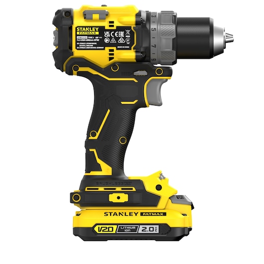 Photo of STANLEY SFMCD725D2K cordless drill, yellow and black, side angle on white background.