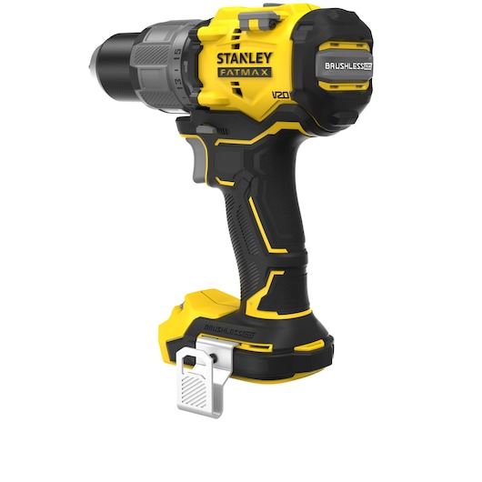 STANLEY SFMCD726B cordless drill driver, yellow and black, side angle on white background.