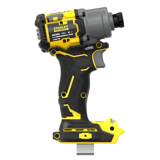 STANLEY SFMCF830B cordless impact driver side view, black and yellow body, brushless design, on white background.