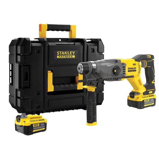 Photo of STANLEY SFMCH900M22 rotary hammer drill set with case and two batteries, front angle.