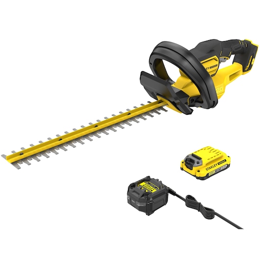 Photo of STANLEY SFMCHT650D1 hedge trimmer kit with yellow and black trimmer, battery, and charger, front angle.