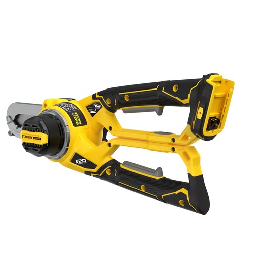 STANLEY SFMCPS515B cordless pruner, yellow and black, side view on white background.