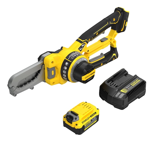 STANLEY SFMCPS515M1 cordless pruning saw set with yellow and black saw, battery, and charger, front angle on white.