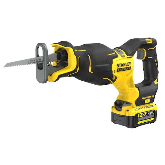 Photo of STANLEY SFMCS311M1T cordless reciprocating saw, yellow and black, side angle on white background.