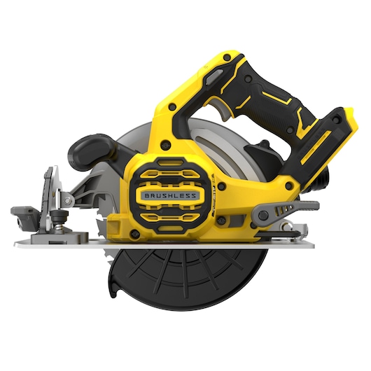 Photo of STANLEY SFMCS550B cordless brushless circular saw, side angle, yellow and black with metal base.