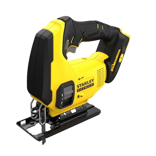 STANLEY SFMCS600B cordless jigsaw, yellow and black, side angle on white background.