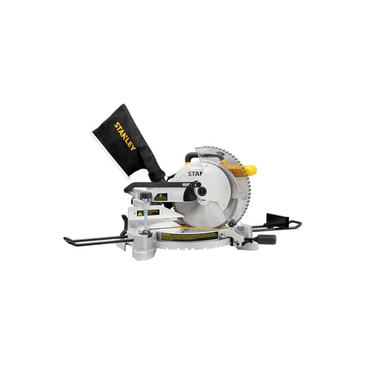 Photo of STANLEY SM1650 miter saw with dust bag, silver and yellow, side angle, on white background.