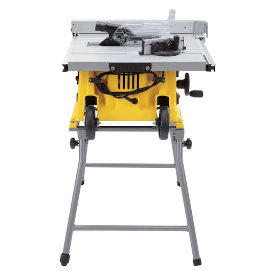 STANLEY SST1800 table saw with yellow base, foldable metal stand, wheels, and clear blade guard, front angle.
