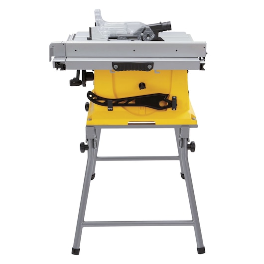 STANLEY SST1800 yellow and gray table saw with stand, front angle, showing adjustment handle and blade guard.