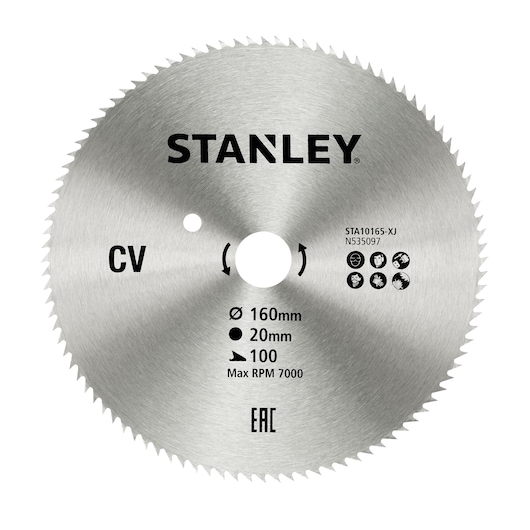 STANLEY STA10165 circular saw blade, silver finish, product photo, front view, 160mm diameter, 20mm bore.