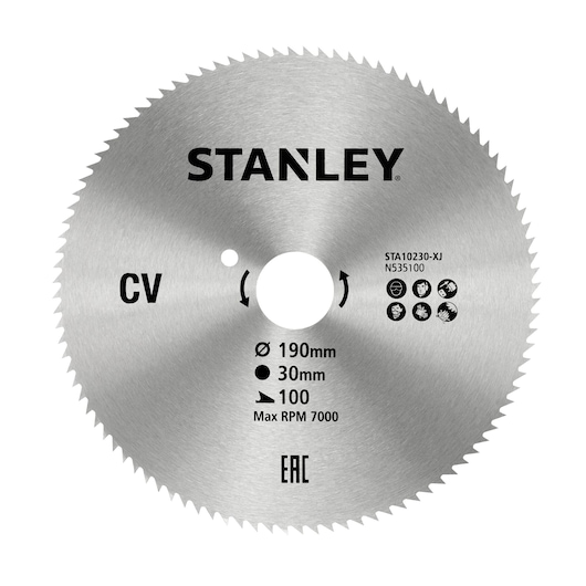 STANLEY STA10230 saw blade, 190mm diameter, 30mm bore, 100 teeth, Max RPM 7000, front angle, silver.