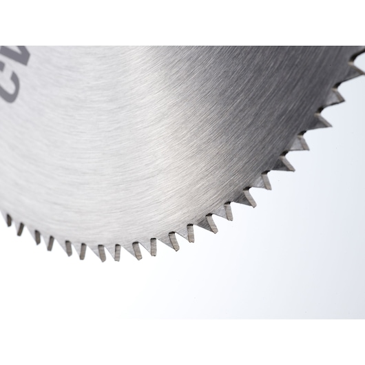 STANLEY STA10230 circular saw blade close-up, brushed steel finish, angled view.
