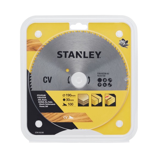 STANLEY STA10230 circular saw blade, silver, packaged, front angle, 190mm diameter for wood cutting.