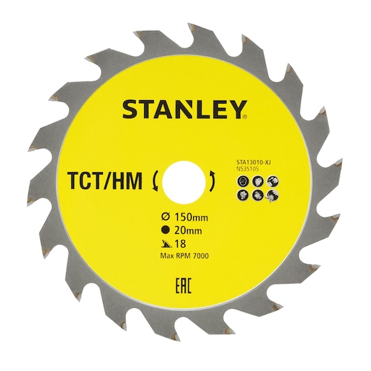 STANLEY STA13010 circular saw blade, 150mm diameter, 18 teeth, yellow center, straight-on photo.