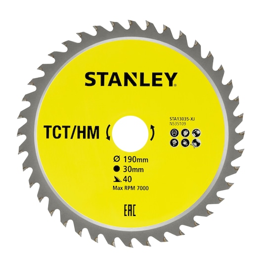 STANLEY STA13035 circular saw blade, 190mm diameter, 40 teeth, yellow center, front view on white background.