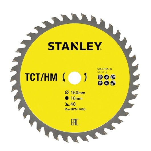 STANLEY STA13105 circular saw blade, yellow center, TCT/HM, 160mm diameter, photography, front angle.
