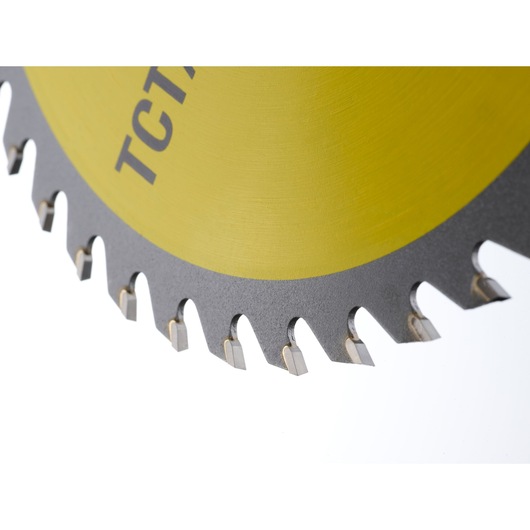 STANLEY STA13105 circular saw blade close-up, yellow and silver, visible tungsten carbide-tipped teeth.