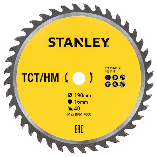 Stanley circular saw blade, yellow center, TCT/HM, 190mm diameter, 16mm bore, 40 teeth, max 7000 RPM.