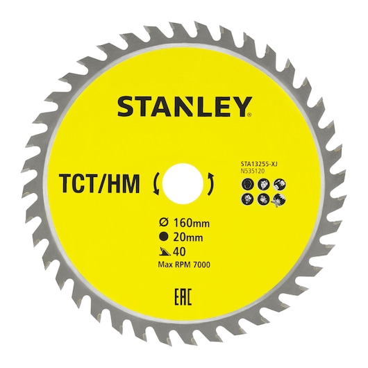 Photo of STANLEY STA13255 circular saw blade, yellow with 40 teeth, 160mm diameter, 20mm bore, product front view.