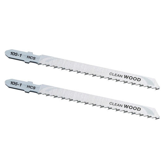 STANLEY STA21052 jigsaw blades for wood, set of two, photographed from side on white background.