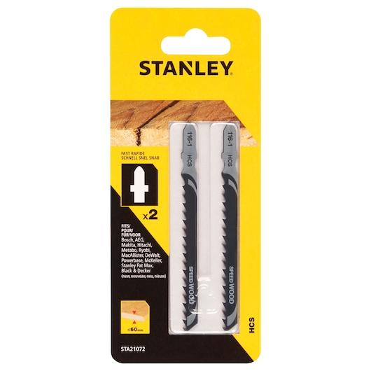 Stanley STA21072 jigsaw blade pack, two HCS blades for wood, front view on white background.
