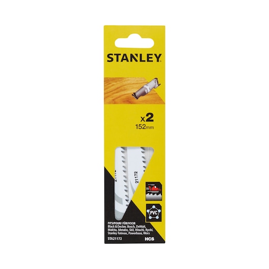 Photo of STANLEY STA21172 reciprocating saw blade set, 152mm, pack of 2, front view on white background.
