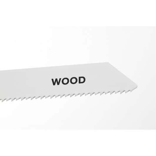 STANLEY STA21192 wood saw blade, close-up side angle, white finish with sharp teeth.