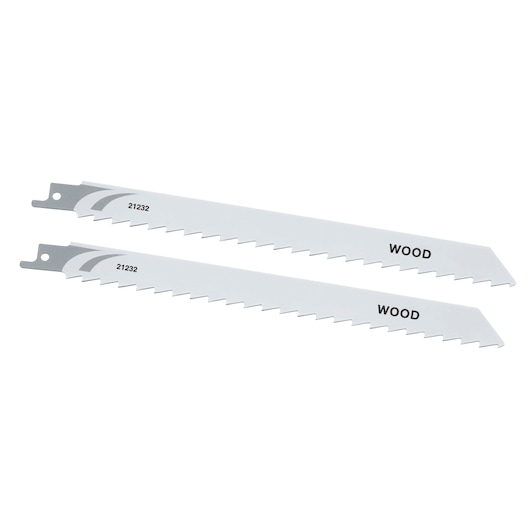STANLEY STA21232 set of two wood cutting reciprocating saw blades, silver, side angle on white background.