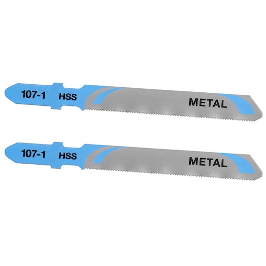 Photo of two STANLEY STA22032 metal cutting jigsaw blades, silver with blue accents, side view on white background.
