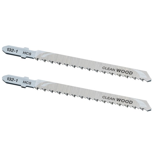Photo of two STANLEY STA23072 jigsaw blades for clean wood cutting, silver color, side angle on white background.