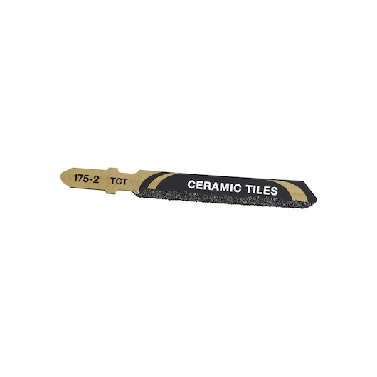 STANLEY STA26051 ceramic tile jigsaw blade, black and gold, side angle on white background.