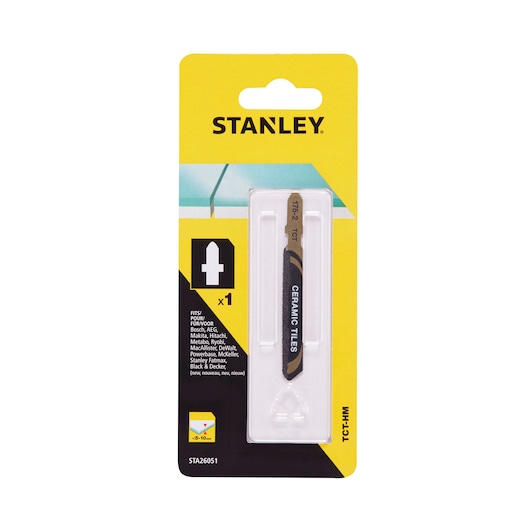 STANLEY STA26051 ceramic tile jigsaw blade in yellow retail packaging, front angle, photography.