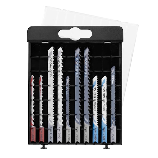 STANLEY STA28020 jigsaw blade set in black plastic case, ten assorted blades for wood and metal, front view.